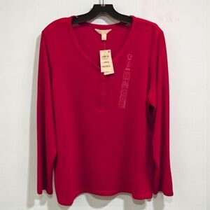 Charter Club Intimates Soft Red Pajama Top Button Front Henley Style Women's L